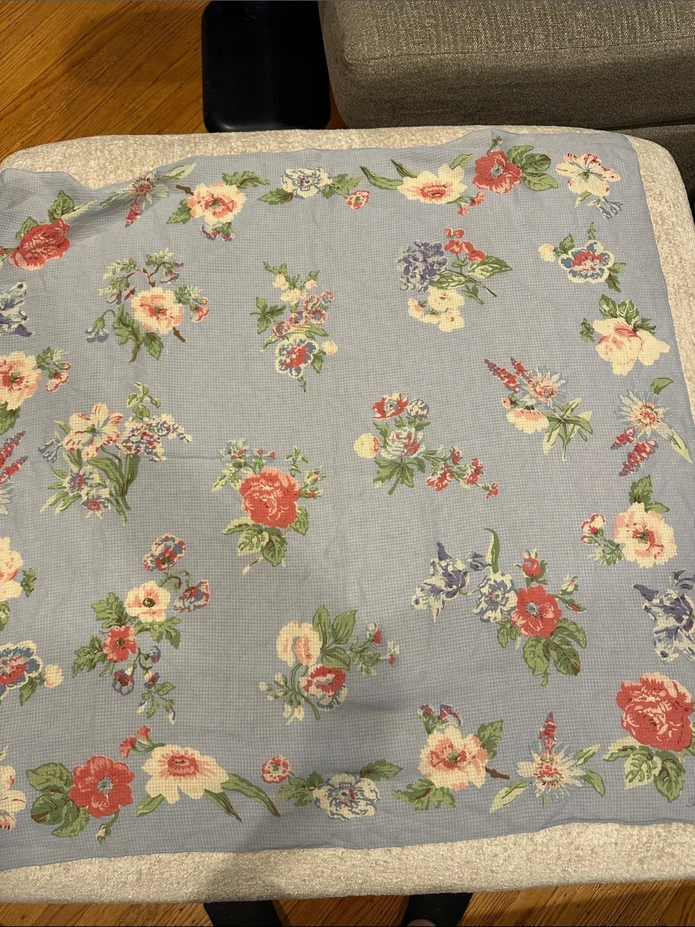 Ralph Lauren Light Blue Floral Scarf with Red & Green Accents